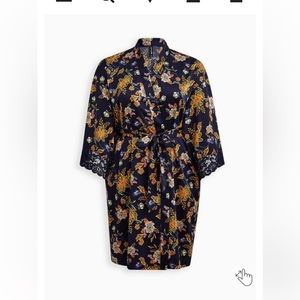 Blue satin and lace trim long tie robe